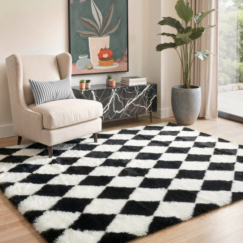 Modern Black/White Machine-Washable Checkered Shag Area Rug, Rectangle 6' x 9', Black
