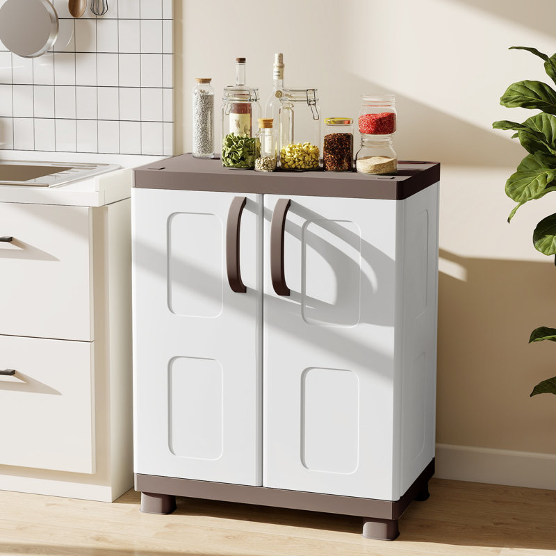 Armoire de rangement, buffet autoportant avec 2 portes et tablettes brun et blanc, Brun et blanc
