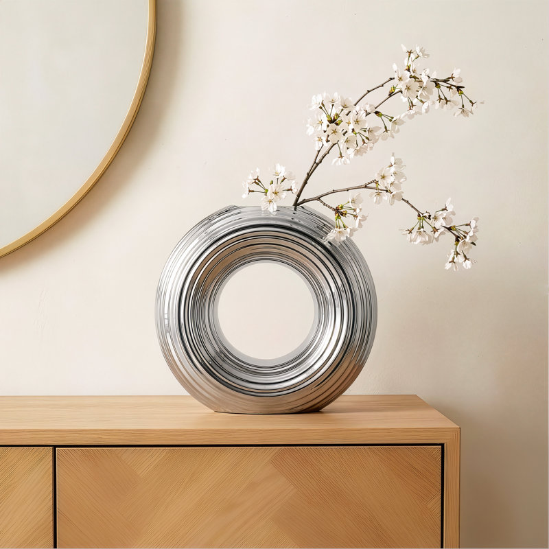 Halo 9" Ribbed Donut Ceramic Silver Vase, Silver