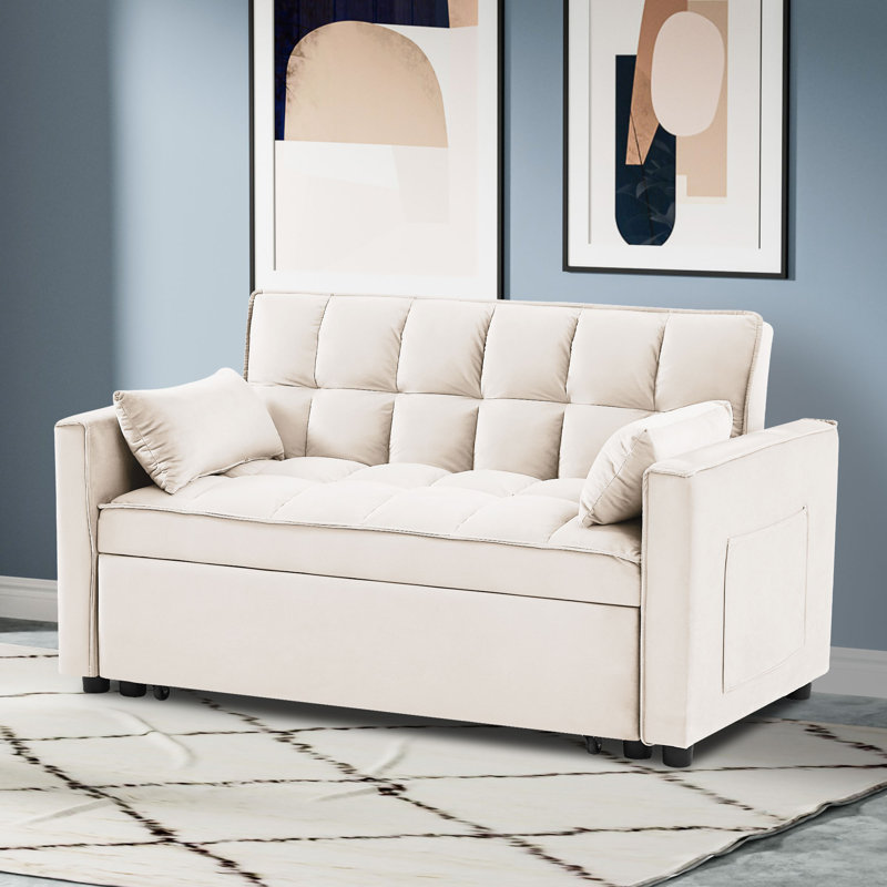 55" Velvet Upholstered Sleeper Sofa Convertible Couch with Reclining Backrest, Beige Velvet