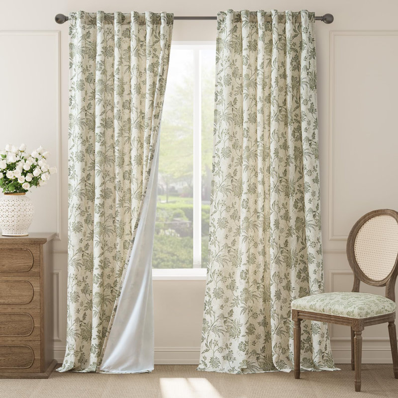 Linen Blend Semi Sheer Pod Pocket Floral Patterned French Country Curtains, 50" W x 96" L, Green