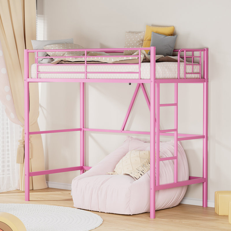 Metal Single Size Loft Bed, Metal Bed Frame with Removable Ladder and Safety Guardrail, Space Saving, Pink