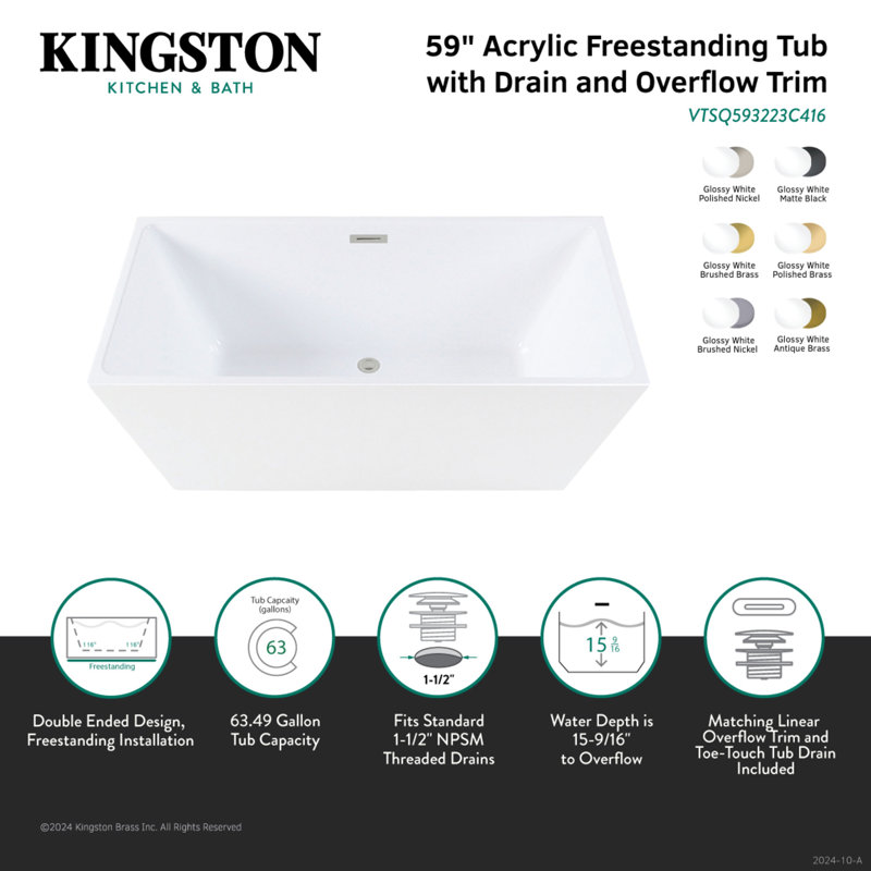 Kingston Brass Aqua Eden 59-Inch Acrylic Rectangular Double Ended Freestanding Tub With Drain, Matte Black