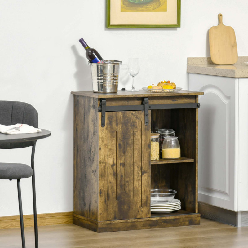 Industrial Wine Cabinet, Sideboard Storage Cabinet, Serving Bar Buffet With Sliding Barn Door And 6-Bottle Wine Rack, Brown