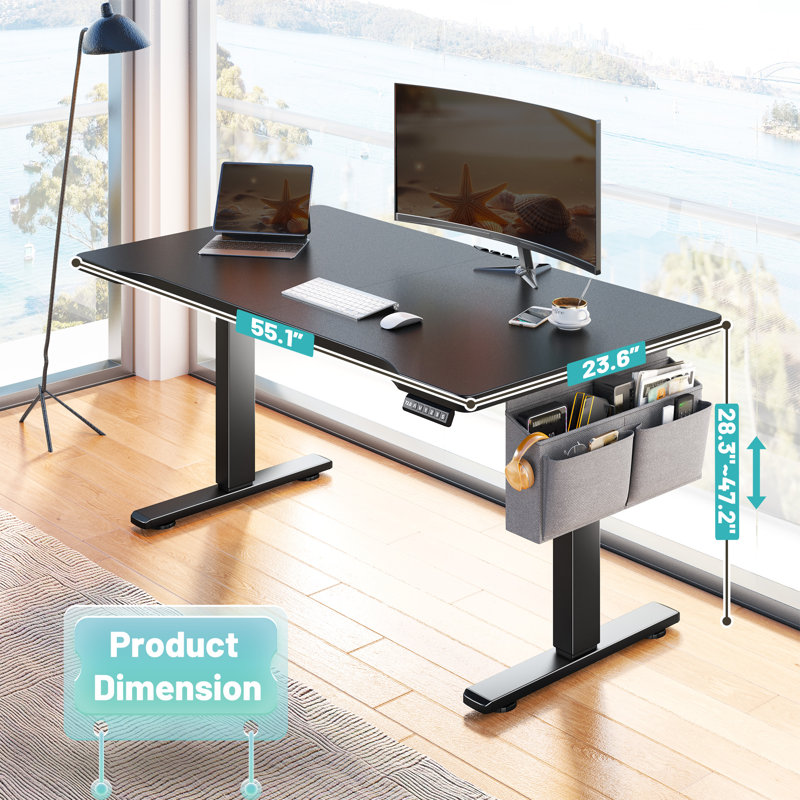 Electric Height Adjustable Standing Desk With Storage, Home Office Computer Desk With Led Lights, Black, Black