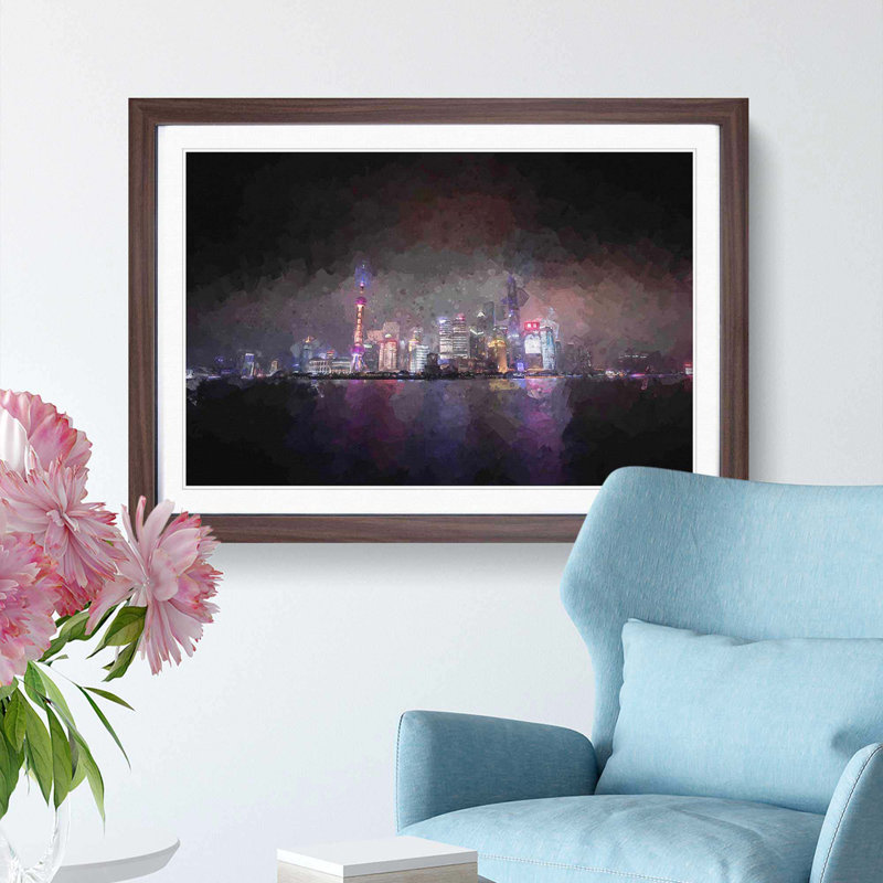Shanghai China Skyline at Dusk in Abstract - Picture Frame Graphic Art Print, 35cm H x 50cm W x 2cm D, Walnut