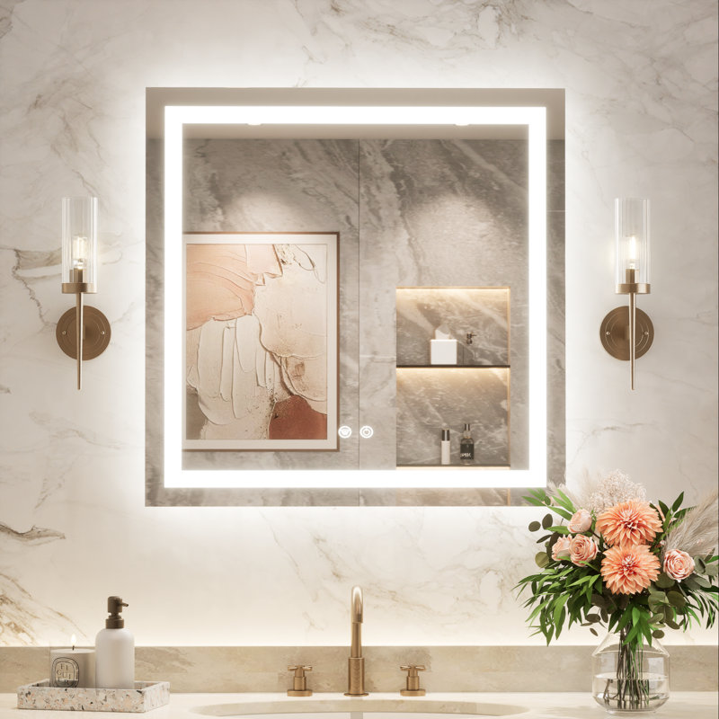 Miroir de meuble-lavabo à fixation murale avant et rétro-éclairé Cardier avec réglage en 3 couleurs, incassable, verre trempé