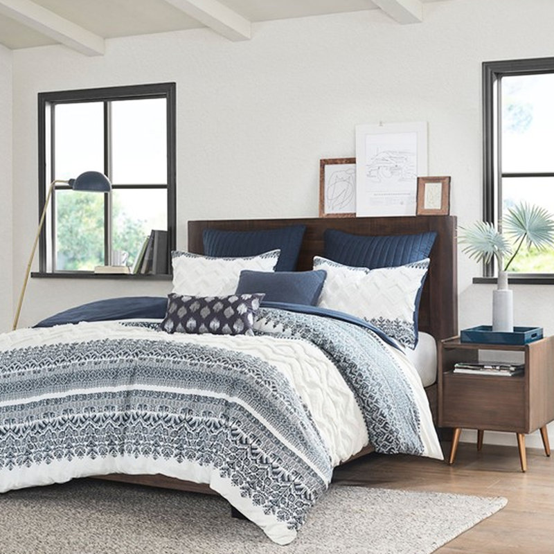 Housse de couette en coton 3 pièces - imprimé, touffetage en chenille, literie lavable à la machine, attaches de coin, Marine