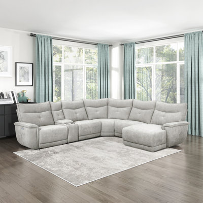 Achernar 132" Modern & Contemporary Textured Fabric 6-Piece Modular Power Reclining Sectional with Right Chaise with Power Adjustable Headrest, USB Charging Port & 2 Power Recliners