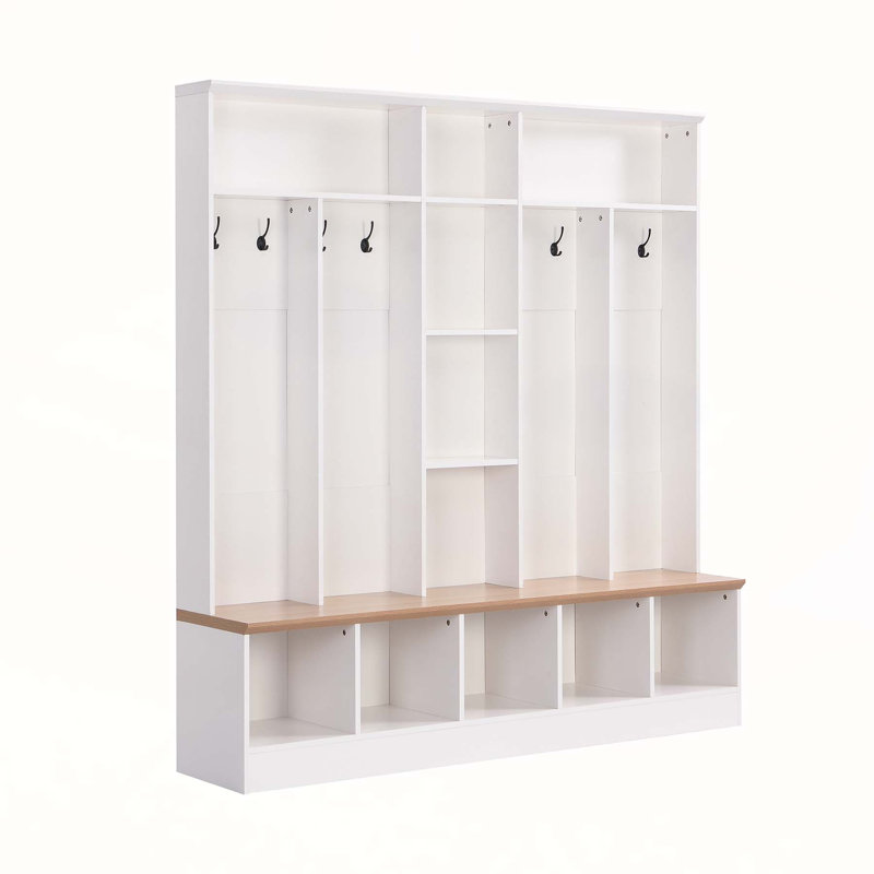 Wide Design Hall Tree with Storage Bench, Minimalist Shoe Cabinet, and Multifunctional Coat Rack for Entryways, White