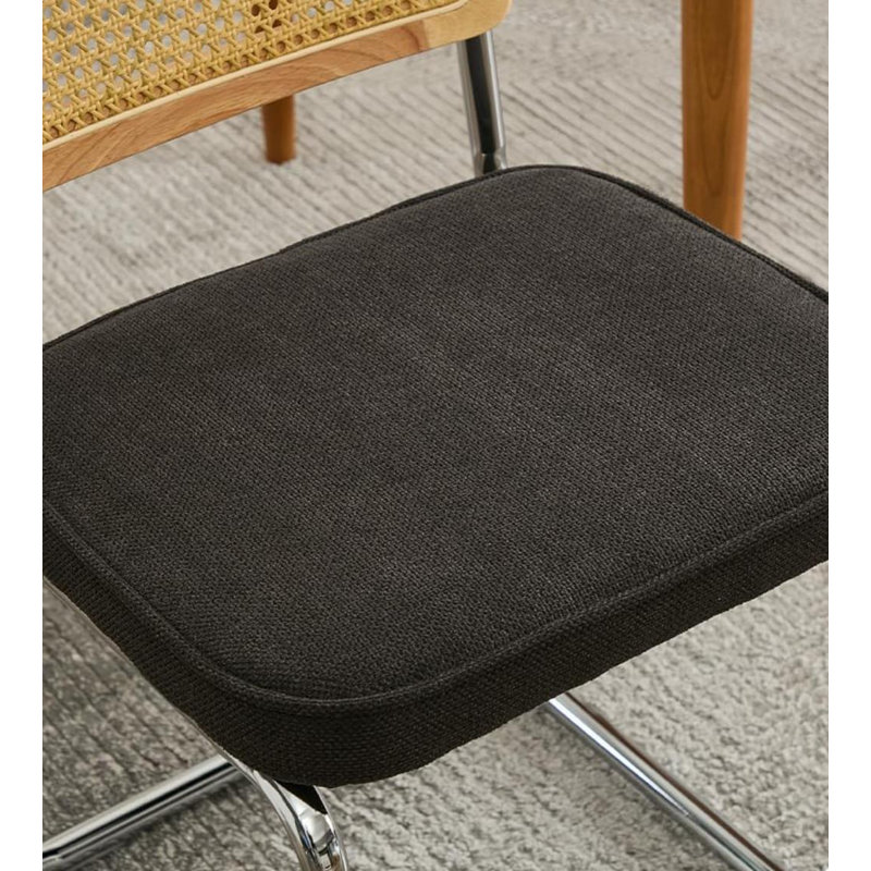 Ensemble de 2 chaises de salle à manger modernes en lin, dossier en rotin et base chromée, noir, Lin noir