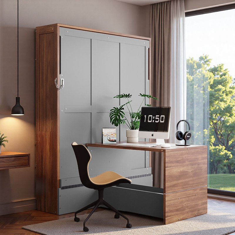 Lit escamotable avec bureau pliable Murphy, Gris/noyer