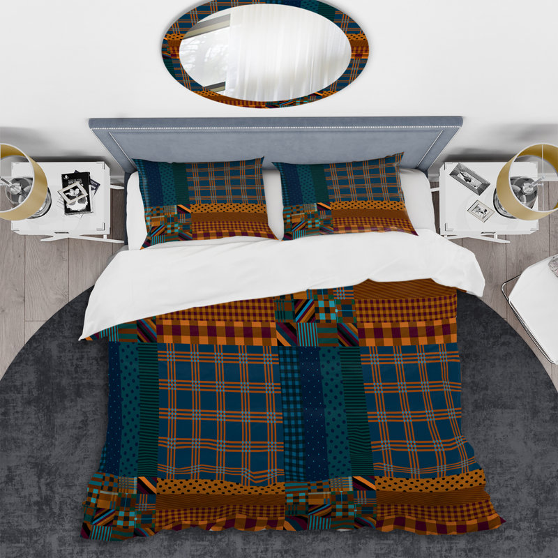Patchwork bleu et brun - ensemble de housse de couette abstrait - microfibre de polyester
