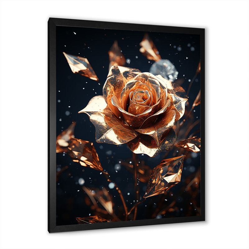 Art mural doré doré et roses noires II - rose, Cadre simple noir, H 32 po x l 24 po x P 1 po