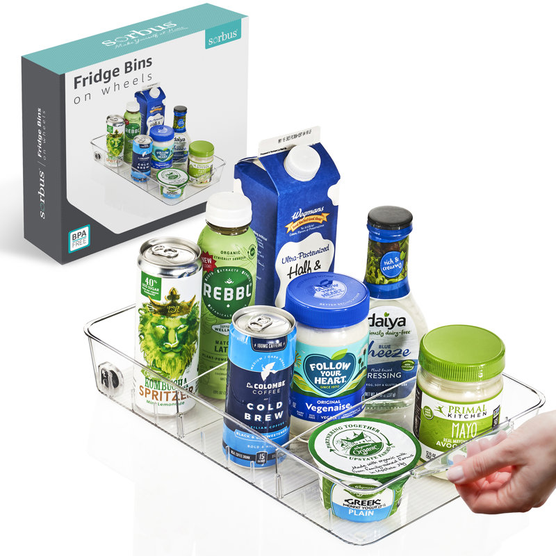Sorbus Large Clear Roll Out Fridge Organizers with Wheels, Dividers, & Handles (Flat)
