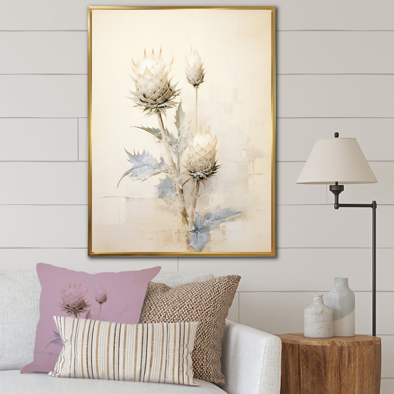 Fleur de chardon beige discret II - Thistle Wall Art Living Room, H 44 po x l 34 po, Cadre flottant doré