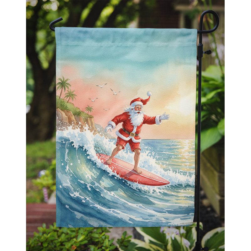 Père Noël surfant sur le drapeau du jardin de Noël du Pacifique, Taille du jardin, Père Noël surfant sur le Pacifique