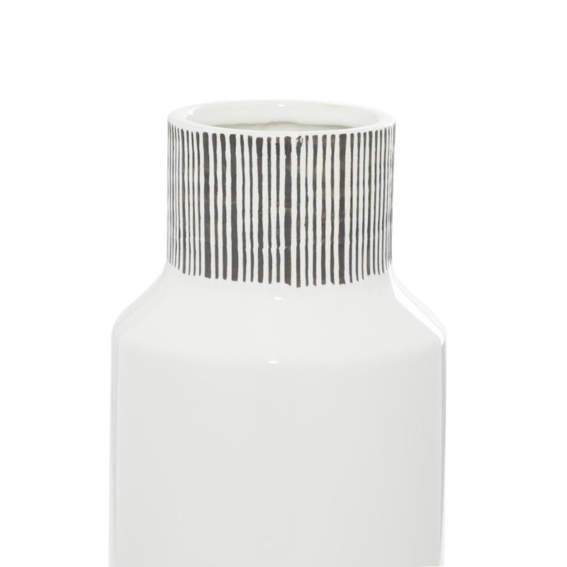 Vase décoratif en céramique blanche fait à la main avec accents rayés gris