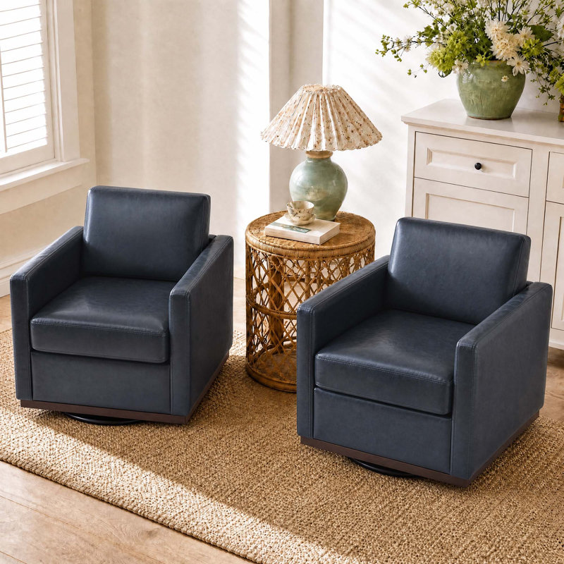 Fauteuil pivotant carré moderne en similicuir bleu marine avec base matel (ensemble de 2), Similicuir bleu marine