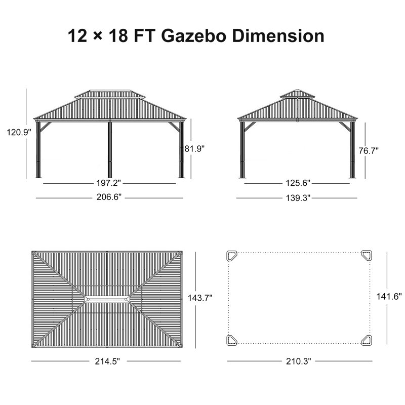 PURPLE LEAF 12' X 18' Permanent Hardtop Gazebo Aluminum Gazebo with Galvanized Steel Double Roof for Patio Lawn and Garden, Curtains and Netting Included, Gray