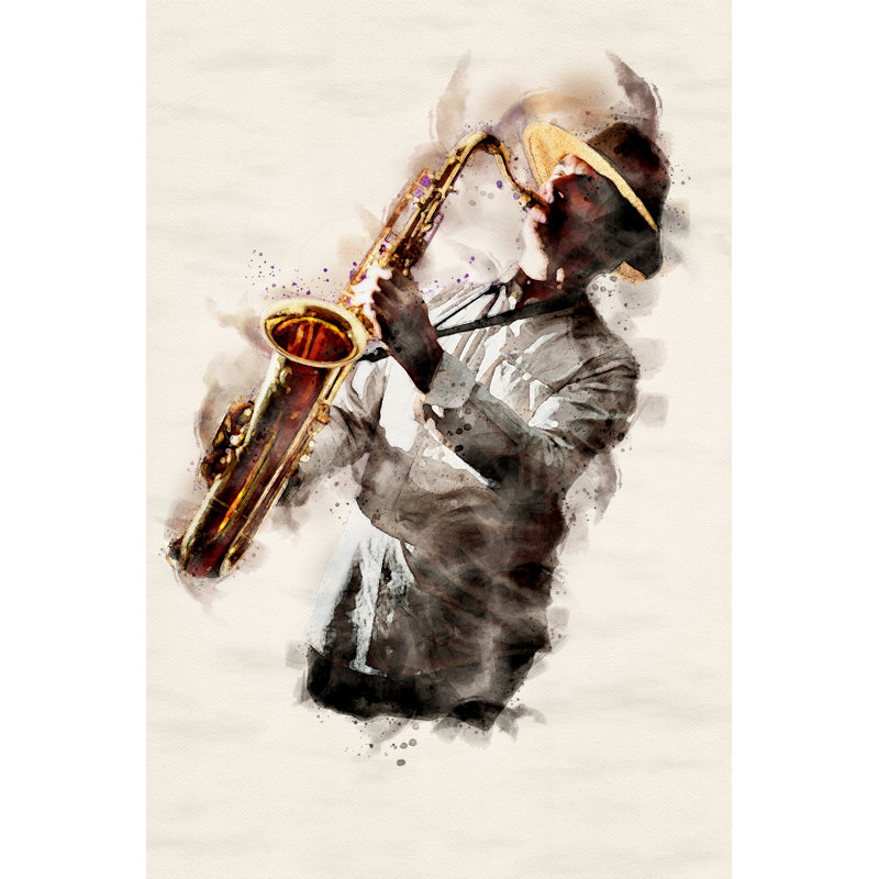 Joueur de saxophone en concert, H 18 po x l 12 po