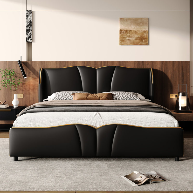 Grand lit noir moderne avec tête de lit tapissier en forme de vague et lattes silencieuses, rembourrage confortable du dossier, structure métallique solide