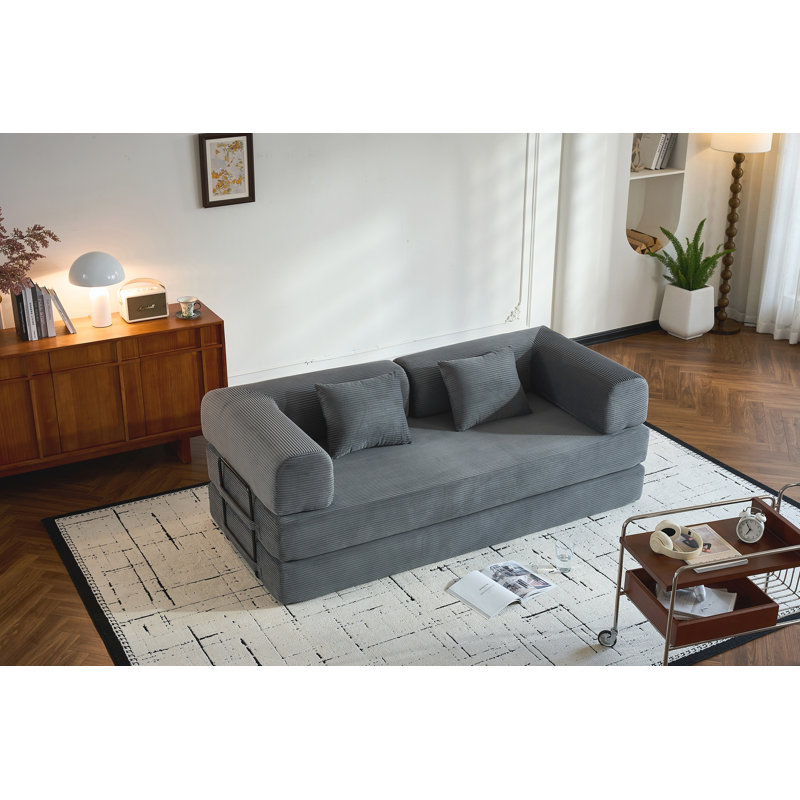 Canapé-lit convertible avec coussin cylindrique, Velours côtelé gris