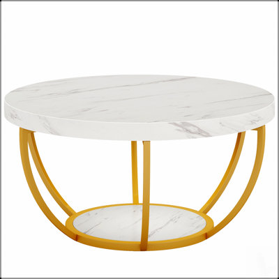 Modern Round Faux Marble 2-Tier Coffee Table with Golden Metal Legs, Perfect for Contemporary Living and Elegant Decor