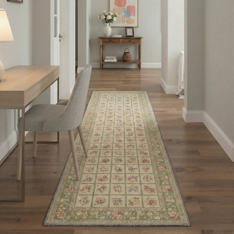 Aaron Cottagecore Floral Machine Washable Green / Beige Indoor Area Rug with Non-Slip Backing, Runner 2' x 6'