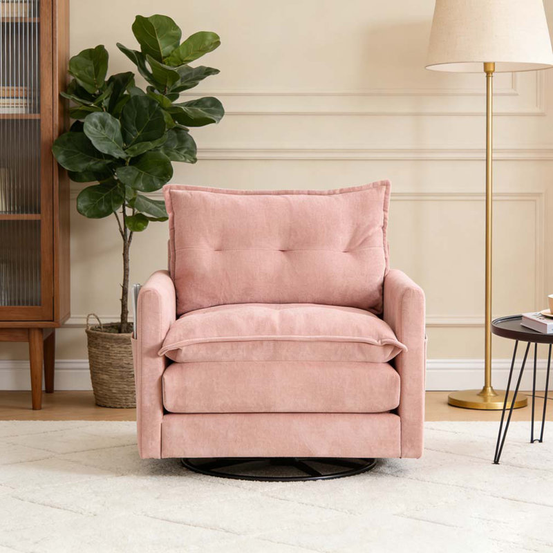 Thick Padded Arm Chair with Solid Metal Base, Comfortable Single Sofa Chair, Swivel Accent Chair, Pink