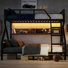 Grand lit superposé en métal avec tablettes de rangement et lumières à DEL, lit superposé sans bruit avec garde-corps et échelle, noir, pour enfants et adultes