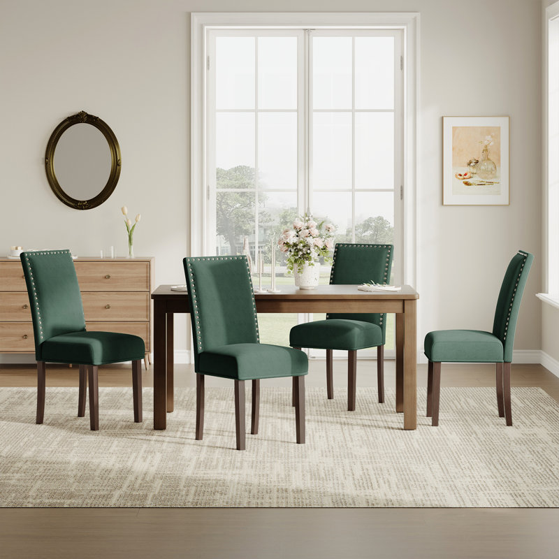 Vintage 6" Thick Seat Linen Parsons Dining Chairs with Nailhead Trim Solid Wood Legs, Green, 4