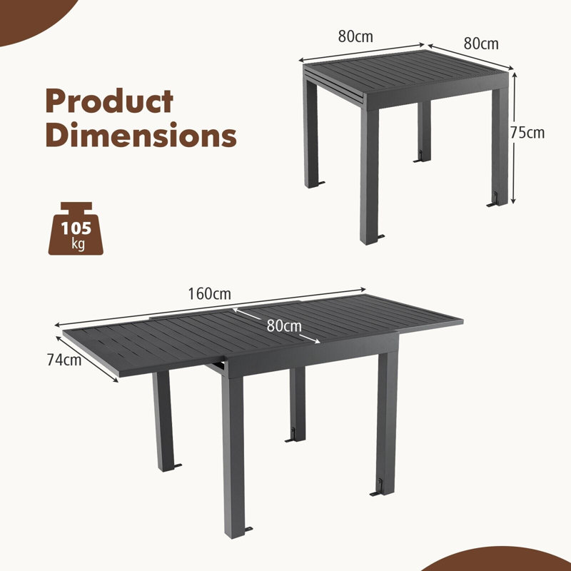 Metal Extendable Outdoor Dining Table , 160cm W 80cm D