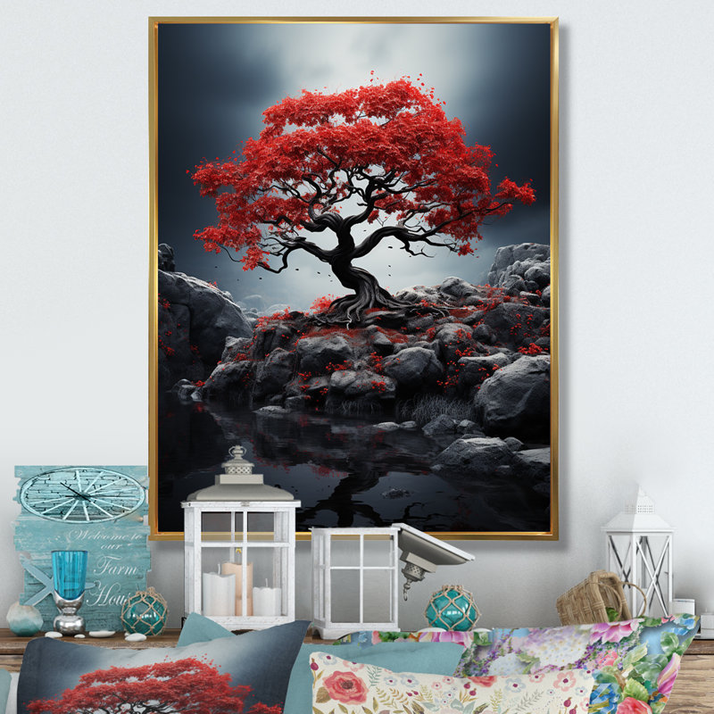 Décoration murale arbre rouge et gris monochrome Solitude III, L 16 po x H 32 po, Cadre flottant doré