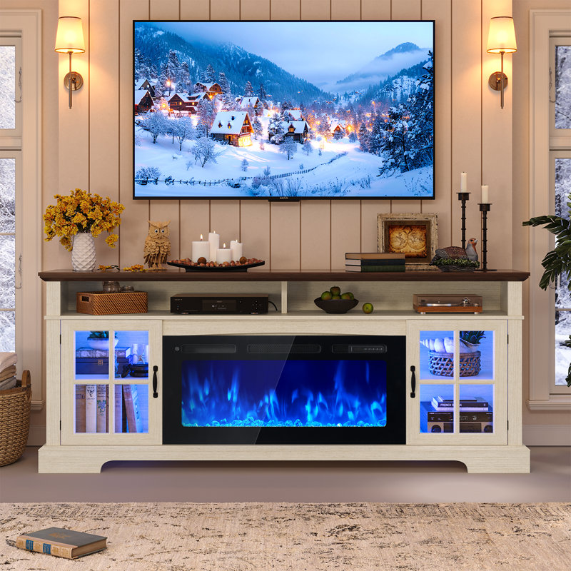 TV Stand Fireplace, 85.1 cm H x 177.8 cm W x 36.1 cm D, White