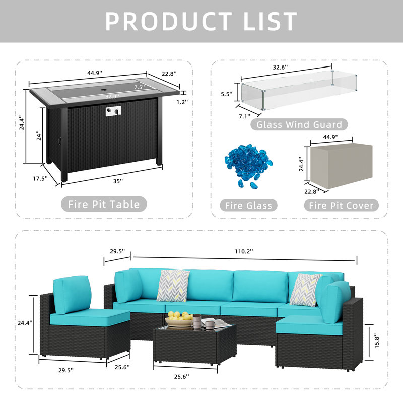 Ensemble de conversation modulaire en osier pour 8 personnes avec coussins et foyer d'extérieur, Bleu, Noir