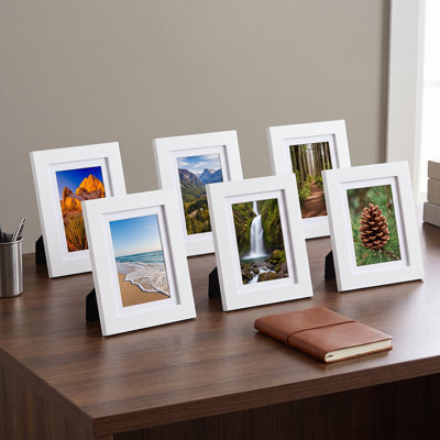 Set of 6 White 5×7 Picture Frames, MDF Wall Mount Frames with PS Glass & Acid-Free Mat – Horizontal/Vertical Display for Photos, Art, Certificates