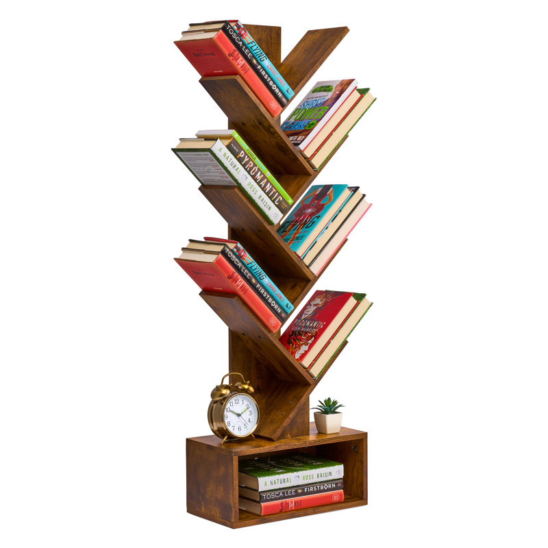 Sorbus 44.25"H x 15"W Tree 7 Tier Bookshelf with Storage Shelf, Cable Access, and Non-Slip Pads, Brown, Brown