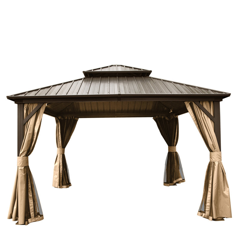 12X12ft Gazebo With Aluminum And Galvanized Steel, Offering A Stable Outdoor Structure - Brown 12' X Steel Double Roof Aluminum, For Beautiful View