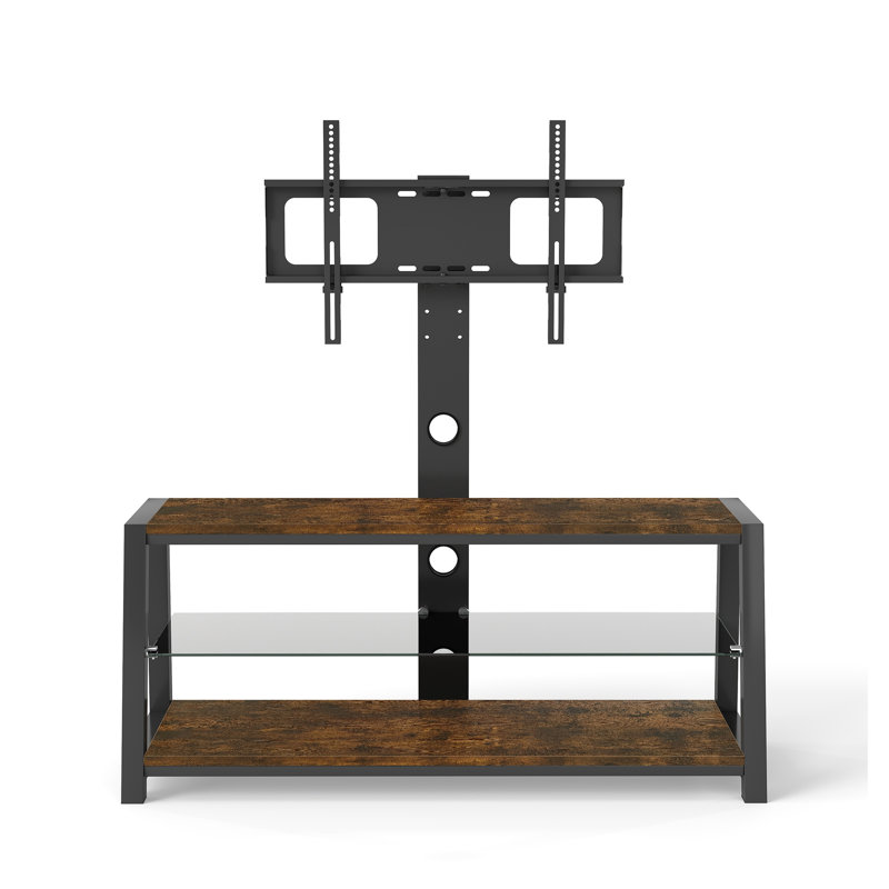 Meuble télé rustique en bois d'acacia avec support pivotant et station de charge, Brun / Noir