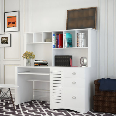 Home Office Computer Desk In Antiqued White, 59.82x24.23x57.82 Inches, 2 Shelf, 3 Large Drawers, Ample Storage, Concealed Cabinet, Long-lasting And Water- With , White Finish, 59.82*24.23*57.82",