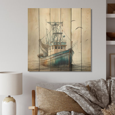 Bateau de pêcheur sur l'océan II - impression sans cadre sur bois