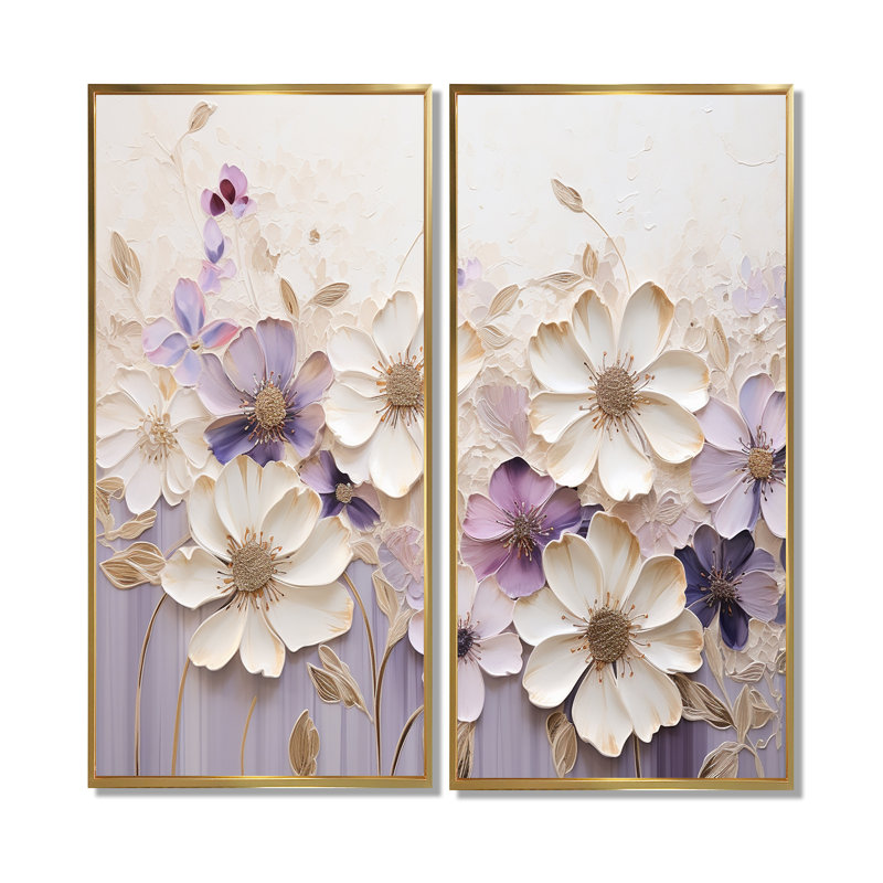 Beige et mauve orné de violettes I - grandes violettes, art mural, 40" H x 40" W, Impression encadrée flottante, Gold
