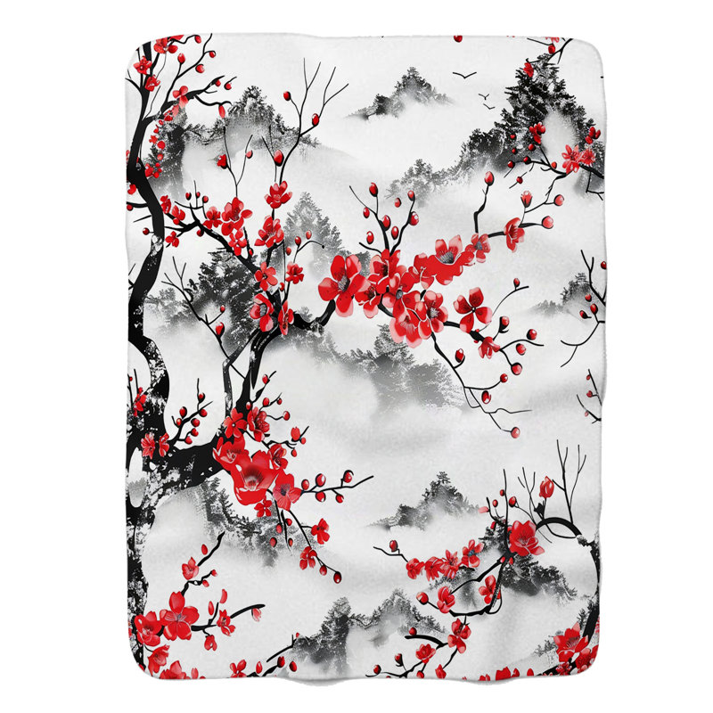 Motifs floraux japonais - couverture en sherpa de qualité supérieure 1 pièce, Grand lit