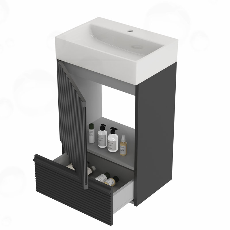 Armoire de salle de bain autoportante avec lavabo et tiroir en céramique, Noir