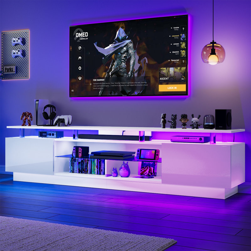 Meuble télé Zytha de 80 po pour téléviseur de 90 po ou moins, console multimédia moderne avec lumière DEL RVB et station de charge intégrée, grand espace de rangement   