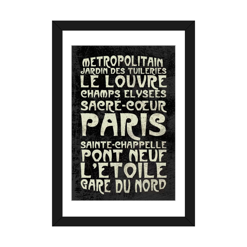 Paris, toile flottante, art textuel sur toile, H 24 po x l 16 po x P 1 po, Papier beaux-arts encadré noir, Blanc