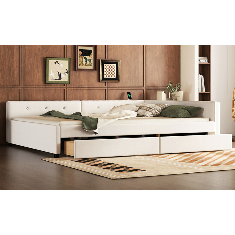 Bedroom Queen Size Upholstered Platform Bed With And 2 Drawers, Beige Drawer Components For A Neat Bedroom,, Queen