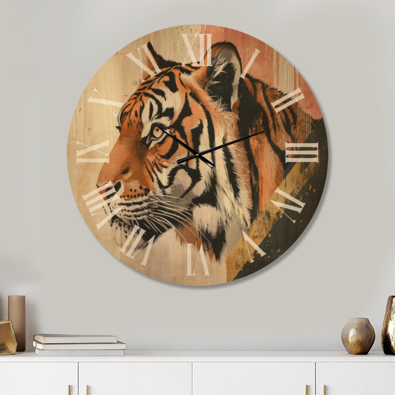Horloge murale ronde grand format « Tigre à rayures dorées » - Glamour, imprimée sur bois, Extra Large