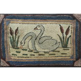 Small Artistic Pictorial White Swans Antique Folk Art American Hooked Rug